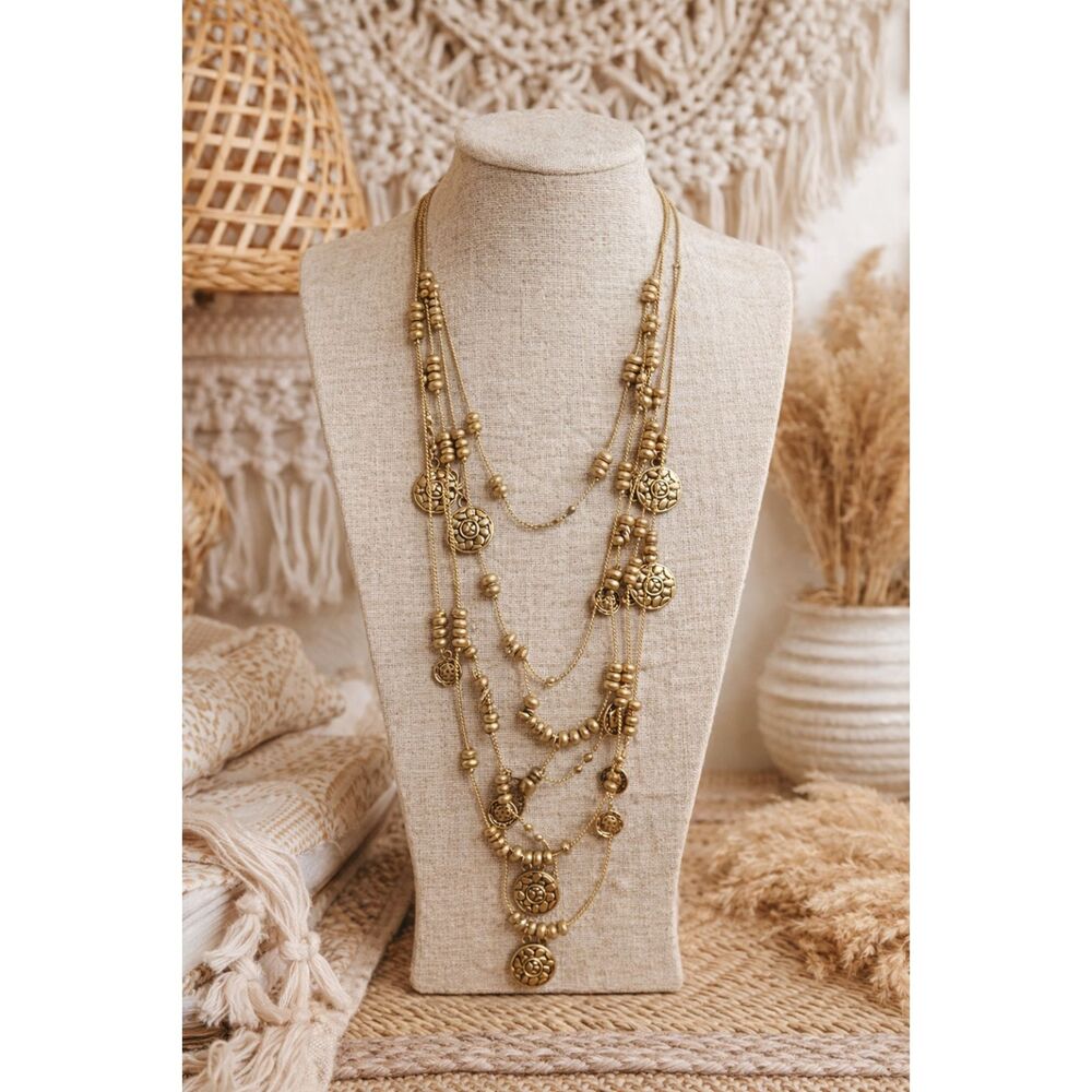 Boho Multi Strand Gold Tone Coin Bead Necklace 4 Layer Long 28” Adjustable